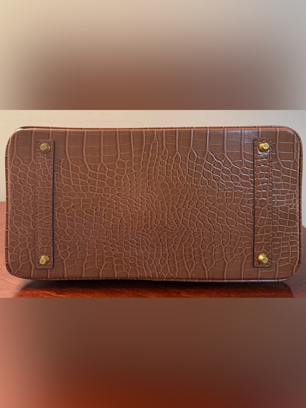 Croc-Embossed Structured Satchel in Brown - Picture 3 of 8